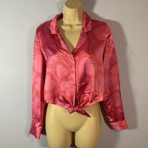 Bailey 44 size small satin button down shirt cropped front tie hearts pink red